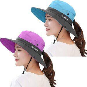 Women's Blue & Purple Set Of 2 Wide Brim Mesh Boonie With Chin Strap Cowboy Hat